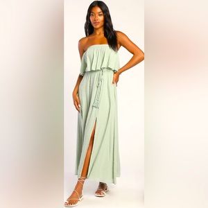 Made for Vacation Sage Green Silver Strapless Maxi Dress S